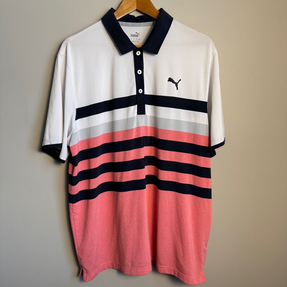Puma Golf Polo Shirt Men XL Colorblock Stripe Short Sleeve Performance Preppy‎